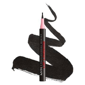 NYX Professional Makeup Lip Lingerie Lip Liner Stain in shade 13 Tied Up, upright pen with pink applicator cap over black lip liner swatches on a white background.