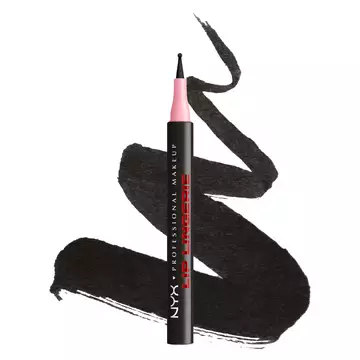 NYX Professional Makeup Lip Lingerie Lip Liner Stain in shade 13 Tied Up, upright pen with pink applicator cap over black lip liner swatches on a white background.