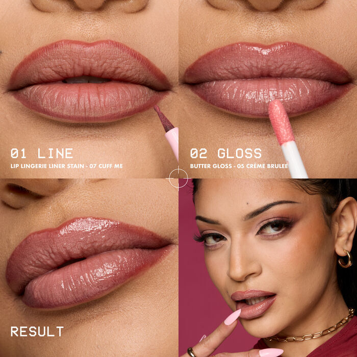 Beauty Visual of a model showing wearing Lip Lingerie Lip Liner Stain in shade 07 Cuff Me and Butter Lip Gloss 05 Creme Brulee