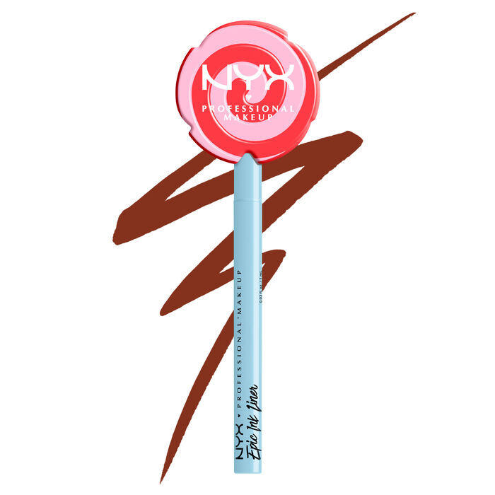Open NYX Professional Makeup Holiday Candy Swirl Liner showing the brush tip applicator and its drawn swatch in shade 03 Gingersnap Swirl