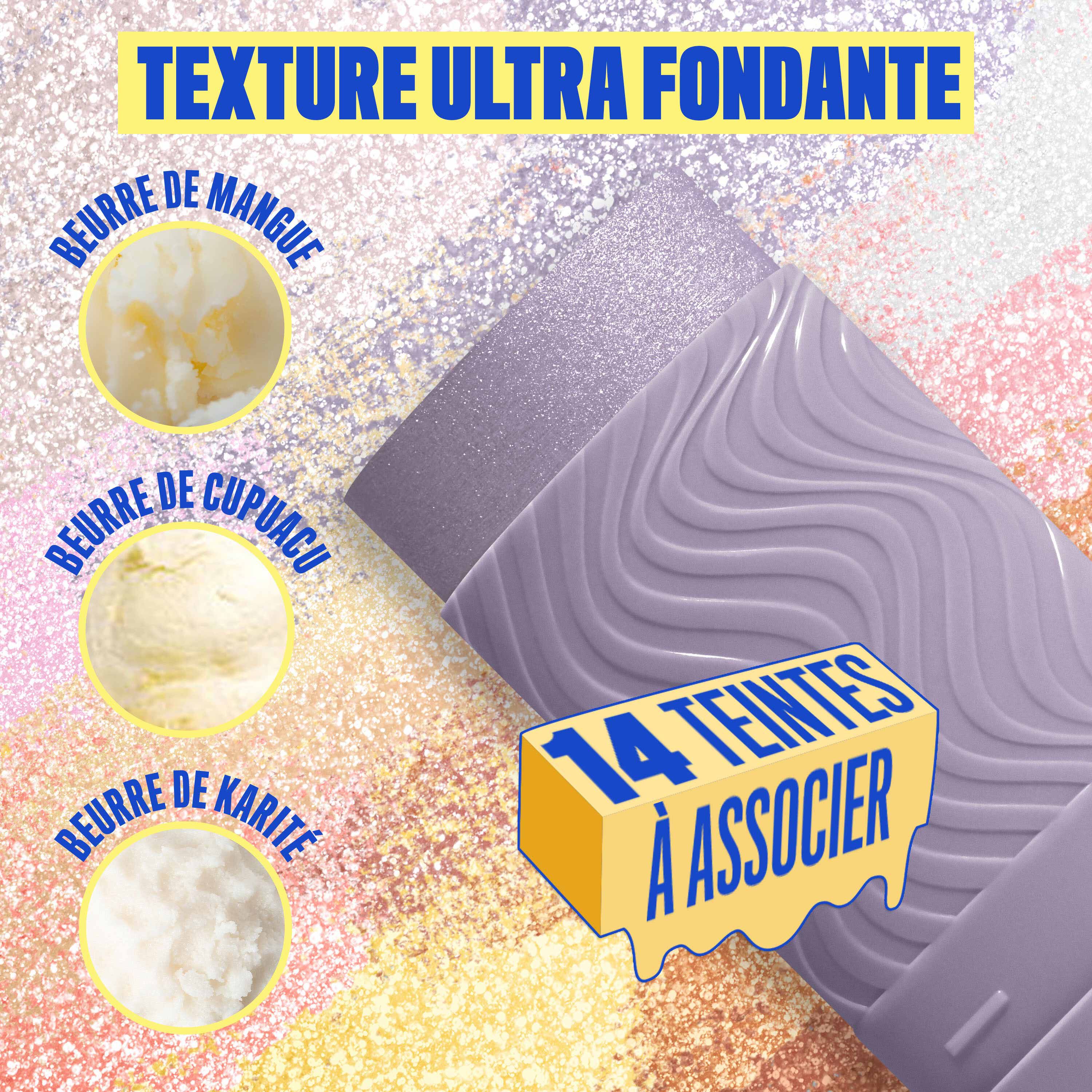 Buttermelt Stix product shown with various swatch textures as the background focusing on the coconut butter and cupuacu butter ingredients in shade 02 Love At First Melt