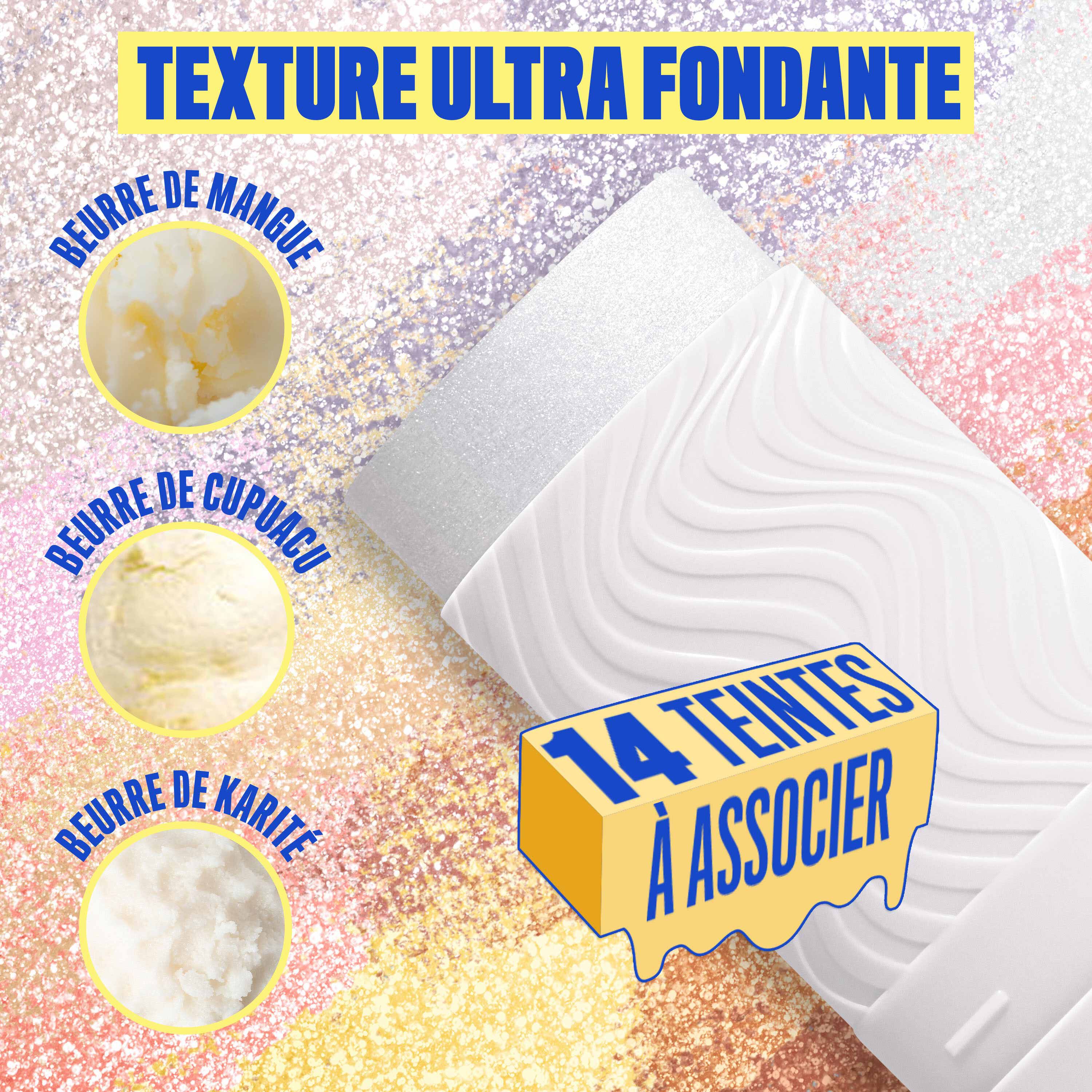 Buttermelt Stix product shown with various swatch textures as the background focusing on the coconut butter and cupuacu butter ingredients in shade 03 That's So Melt