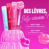 Bold pink NYX promotional image with jelly-themed graphics. Three tubes of Jelly gloss are displayed with a large pink jelly mold. Text reads: "No filler, just jelly! Jelly smooth lip smoothing shine. Jelly juicy full-bodied volume." Bottom row includes icons for vegan formulas, cruelty-free, and no makeup retouching.