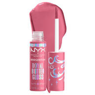 Displays a tube of NYX Professional Makeup Bridgerton Royal Butter Gloss in a neutral brown shade, featuring the NYX and Bridgerton logos. Next to it, a large, glossy swatch of the lip gloss is shown in shade 01 Angel Food Cake