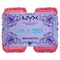 A lavender 'NYX Professional Makeup Bridgerton Blush Duo' with a decorative border, accompanied by a textured swatch of the blush color below it in shade 02 Lady In Silver
