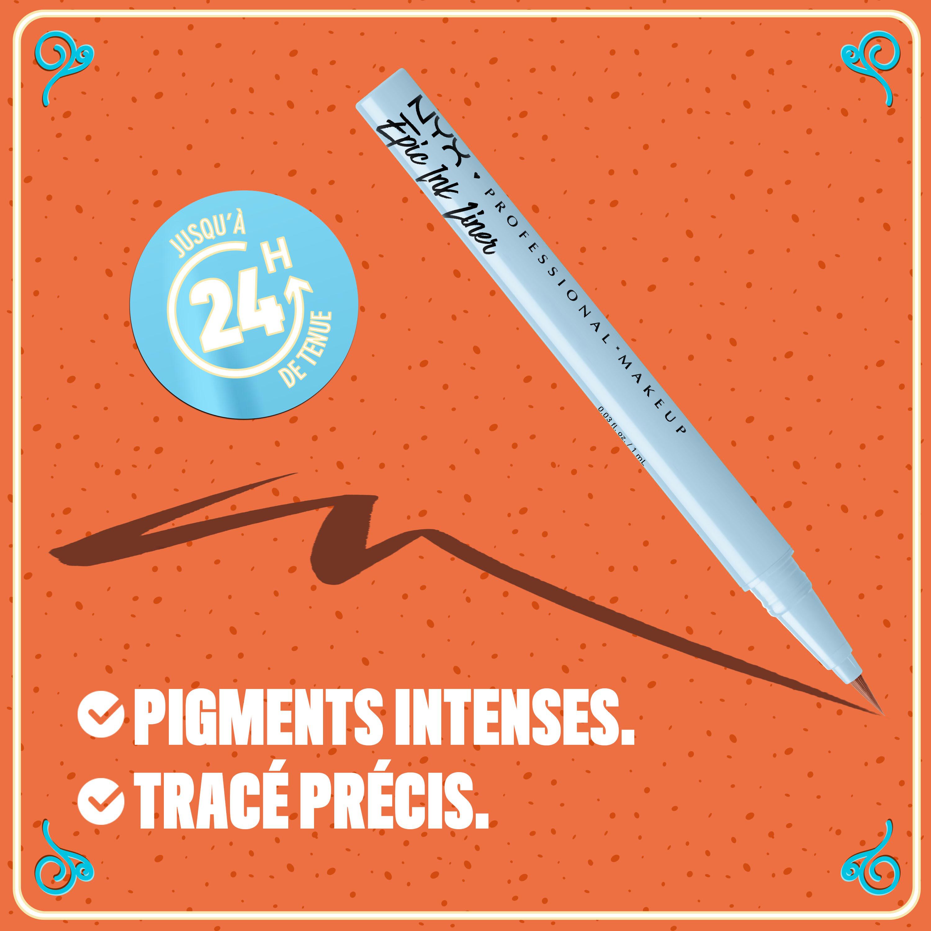 Graphic with tagline: “Bold pigments. Sweet precision.” featuring NYX Professional Makeup Holiday Candy Swirl Liner on orange background in shade 03 Gingersnap Swirl
