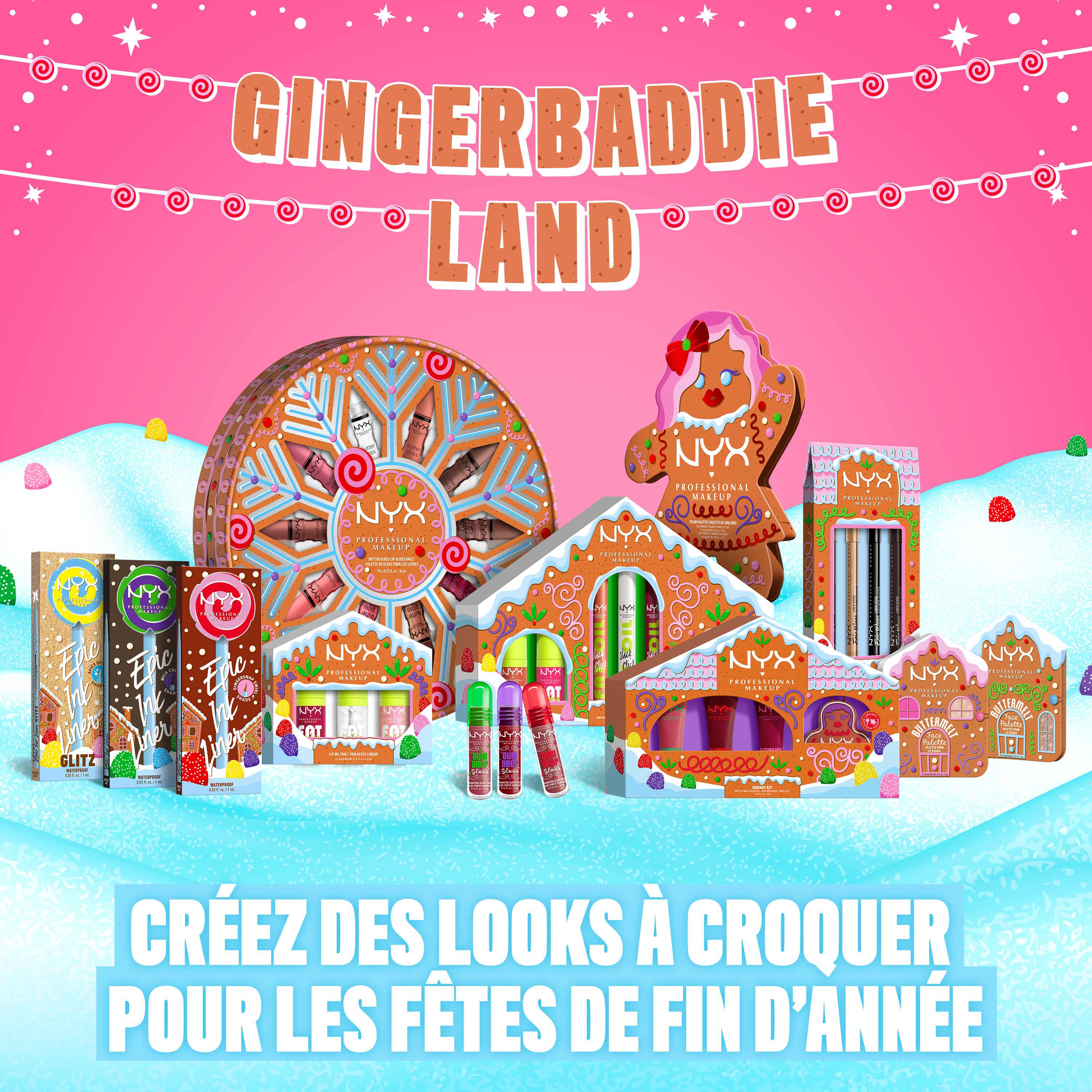 Features a larger graphic titled "GINGERBADDIE LAND" with a collection of NYX Professional Makeup Gingerbaddie Land holiday products, with the slogan "SERVE LOOKS IN GINGERBADDIE LAND."