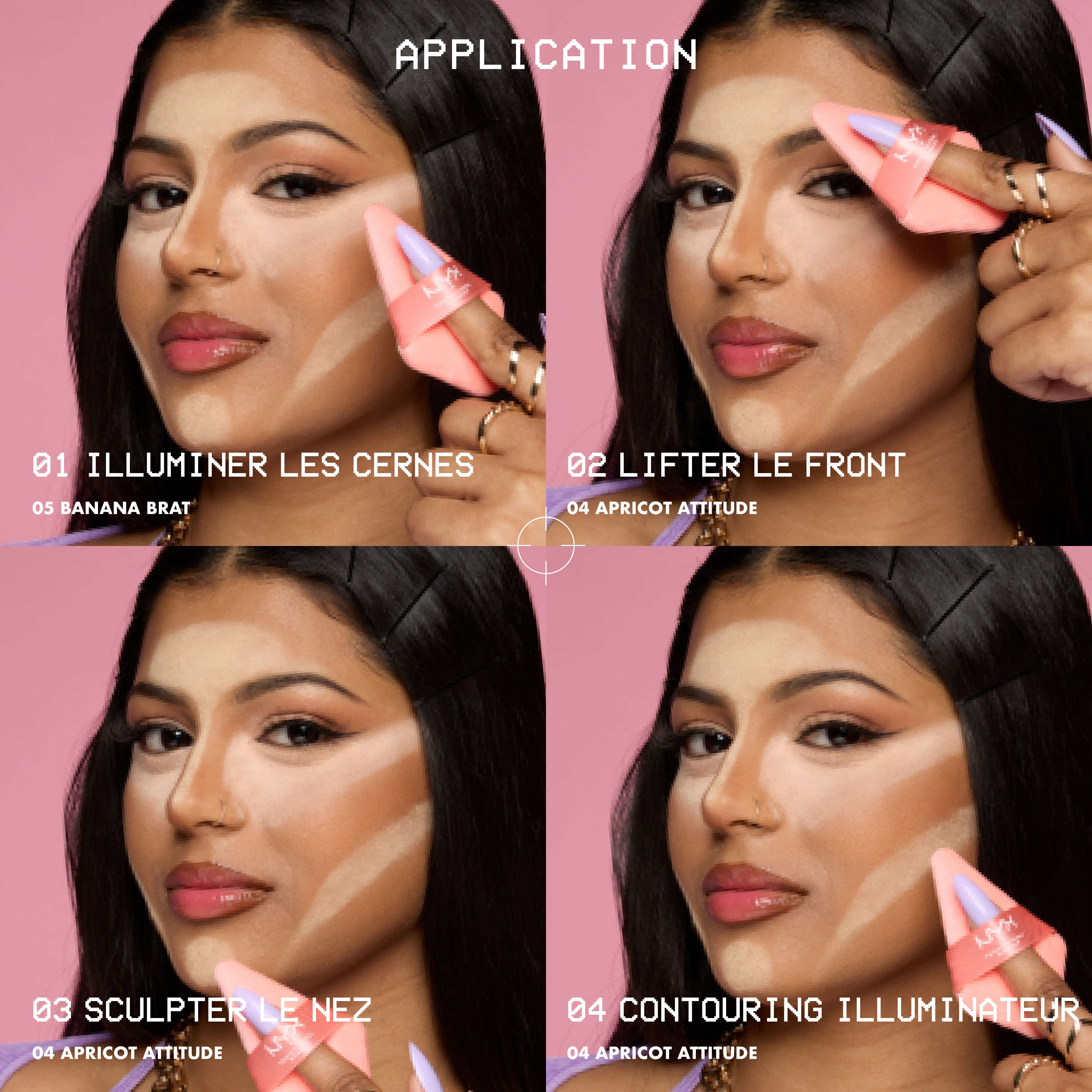 Model showing four ways to get a snatched look by brightening undereye, lift forehead, shape nose, and reverse contour using Wonder Snatch Setting Powder and Wonder Snatch Powder Puff