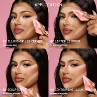Model showing four ways to get a snatched look by brightening undereye, lift forehead, shape nose, and reverse contour using Wonder Snatch Setting Powder and Wonder Snatch Powder Puff