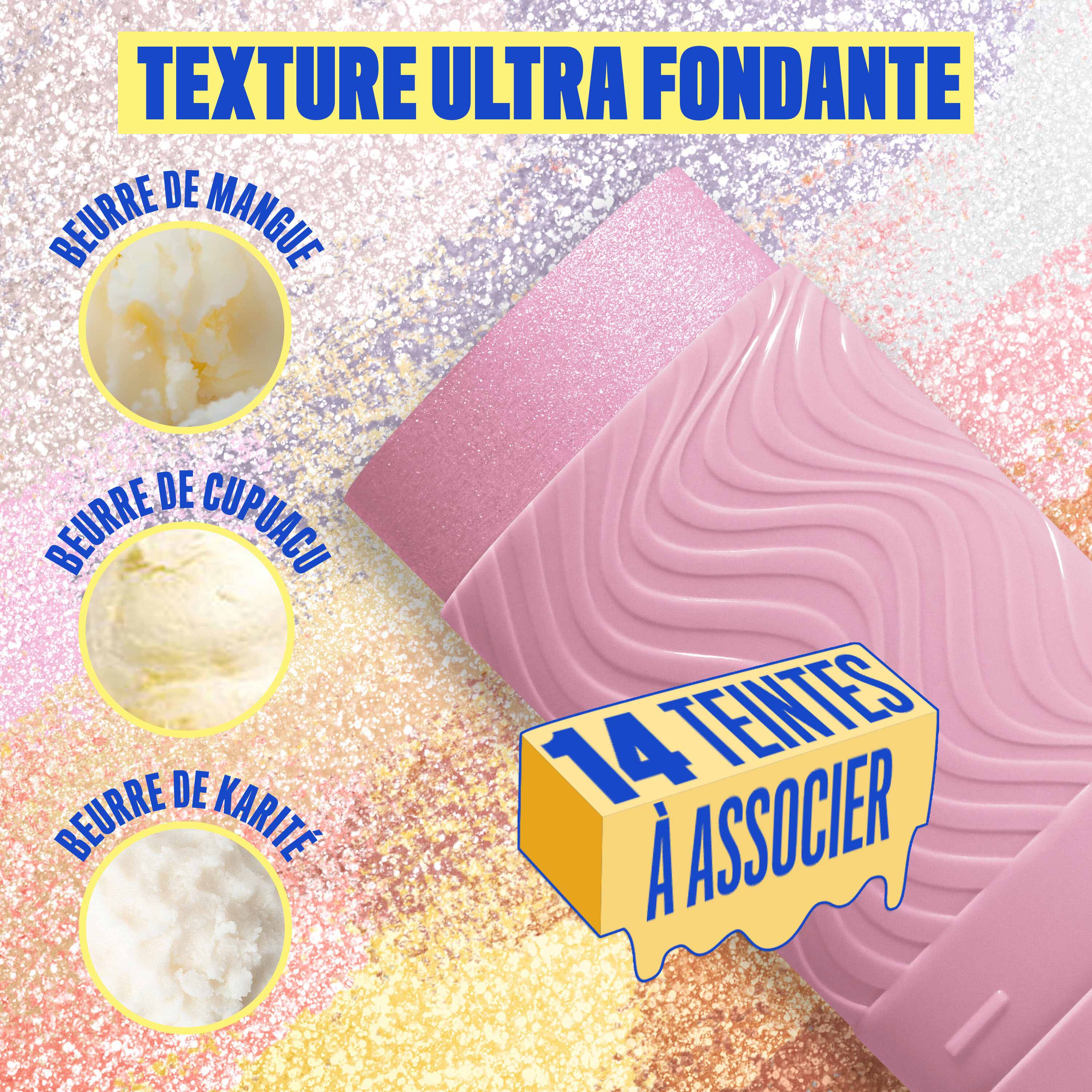 Buttermelt Stix product shown with various swatch textures as the background focusing on the coconut butter and cupuacu butter ingredients in shade 04 My Melt Era