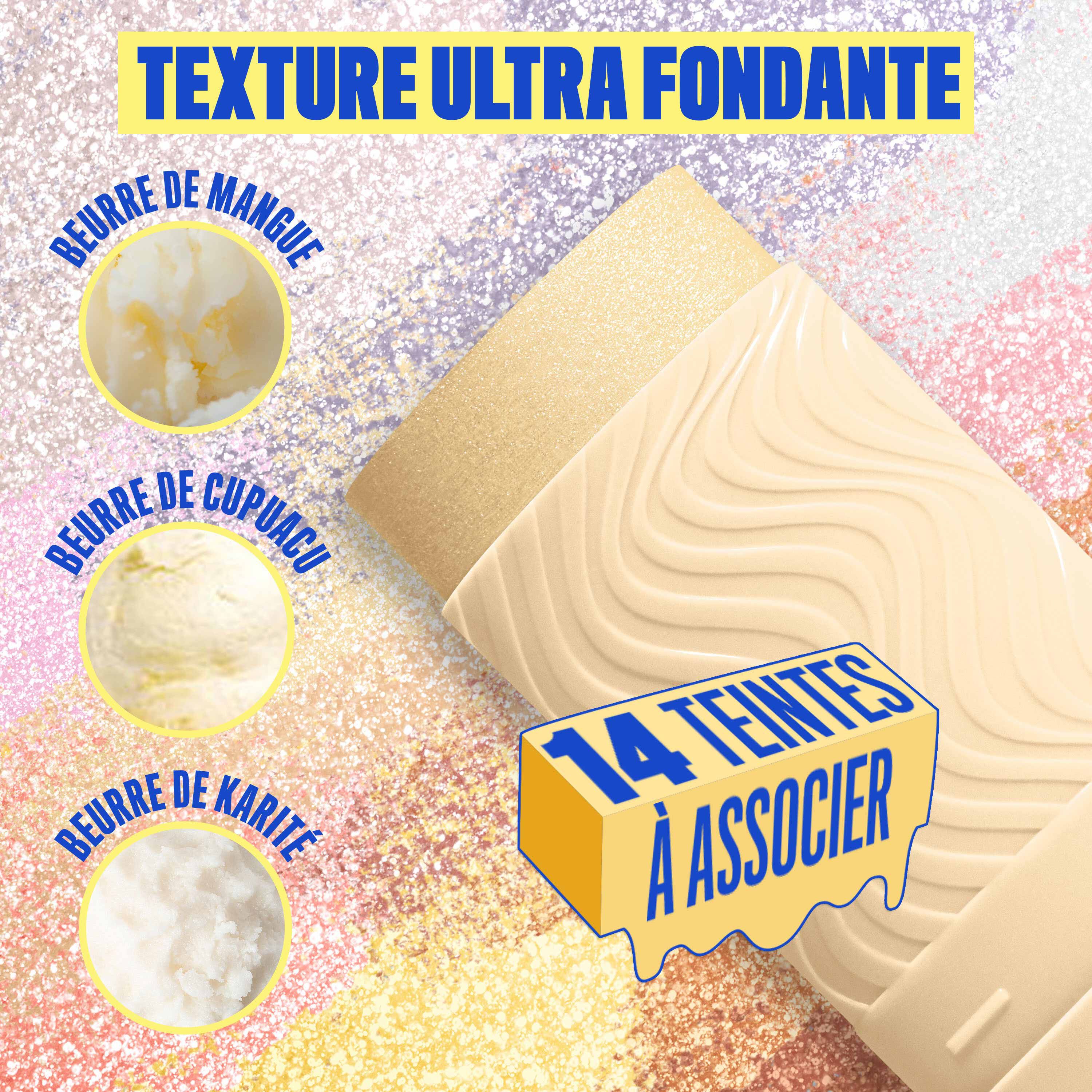 Buttermelt Stix product shown with various swatch textures as the background focusing on the coconut butter and cupuacu butter ingredients in shade 05 Sending Melt