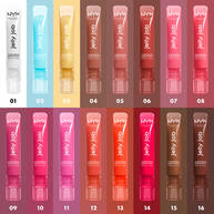 NYX Jelly Job gloss tubes in 16 shimmer and shine shades, arranged in 2 rows. Shades include clear, blue, champagne, rose, and deeper berry tones. Each is labeled with a shade name and number. Title reads: "16 shimmer and pure-shine shades."