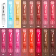 NYX Jelly Job gloss tubes in 16 shimmer and shine shades, arranged in 2 rows. Shades include clear, blue, champagne, rose, and deeper berry tones. Each is labeled with a shade name and number. Title reads: "16 shimmer and pure-shine shades."