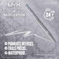 Close-up of silver NYX PMU x Bridgerton Royal Epic Ink Liner Glitz pencil on gold background. Text: "WATERPROOF, SMUDGEPROOF, FADEPROOF," "24 HR" wear with clock icon. 01 Glitzed In Silver