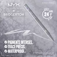 Close-up of silver NYX PMU x Bridgerton Royal Epic Ink Liner Glitz pencil on gold background. Text: "WATERPROOF, SMUDGEPROOF, FADEPROOF," "24 HR" wear with clock icon. 01 Glitzed In Silver