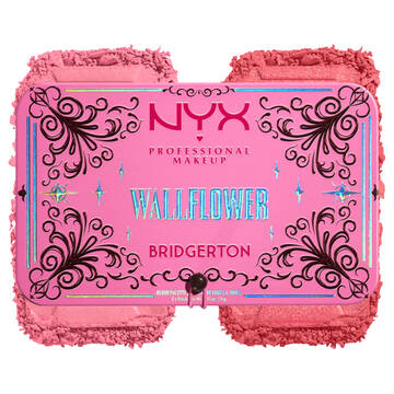 A pink 'NYX Professional Makeup Bridgerton Blush Duo' with a decorative border, accompanied by a textured swatch of the blush color below it in shade 01 Wallflower