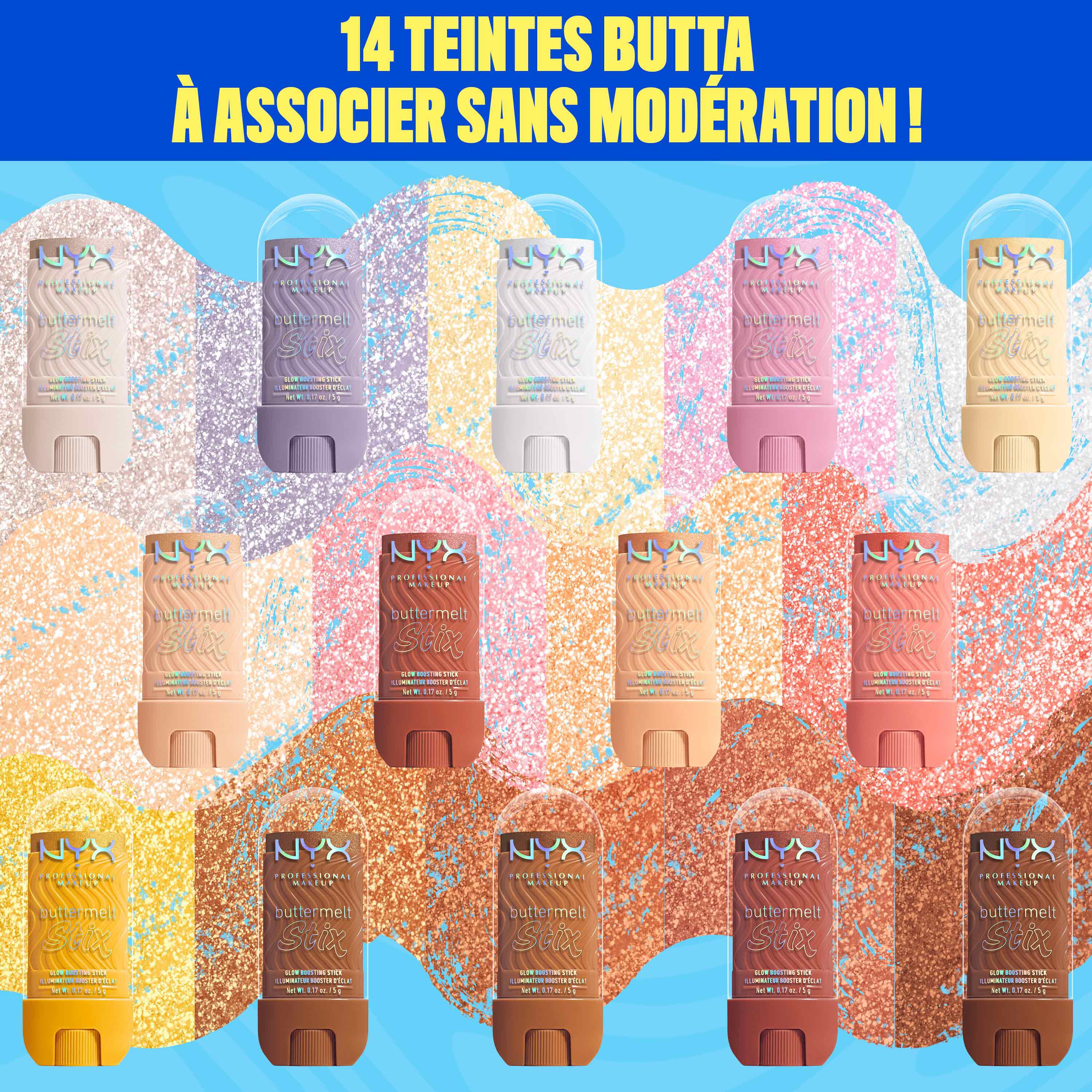 Colorful graphic showing 14 Buttermelt Stix in an array of pastel and warm shades arranged in two rows. Background features watercolor-like smudges in corresponding tones. Header reads: "In 14 artistry shades to mix it & melt it!"