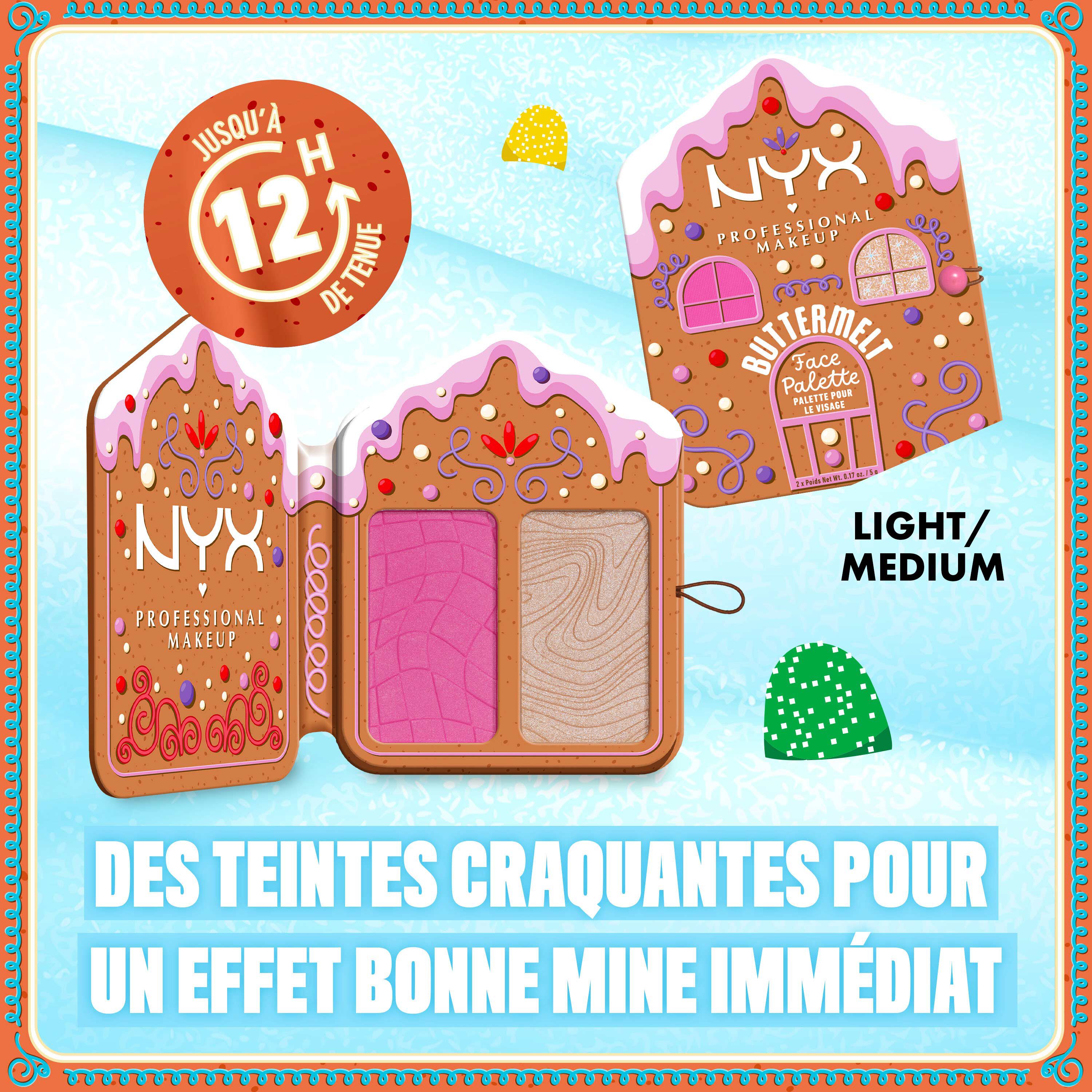 Features three "Buttermelt Face Palettes" in different lighting conditions, highlighting the benefit "CHEEKS GLOWIN' & FLUSHED LIKE A HOLIDAY SNACK!" along with an "UP TO 12 HR WEAR" icon. 01 Light/Medium
