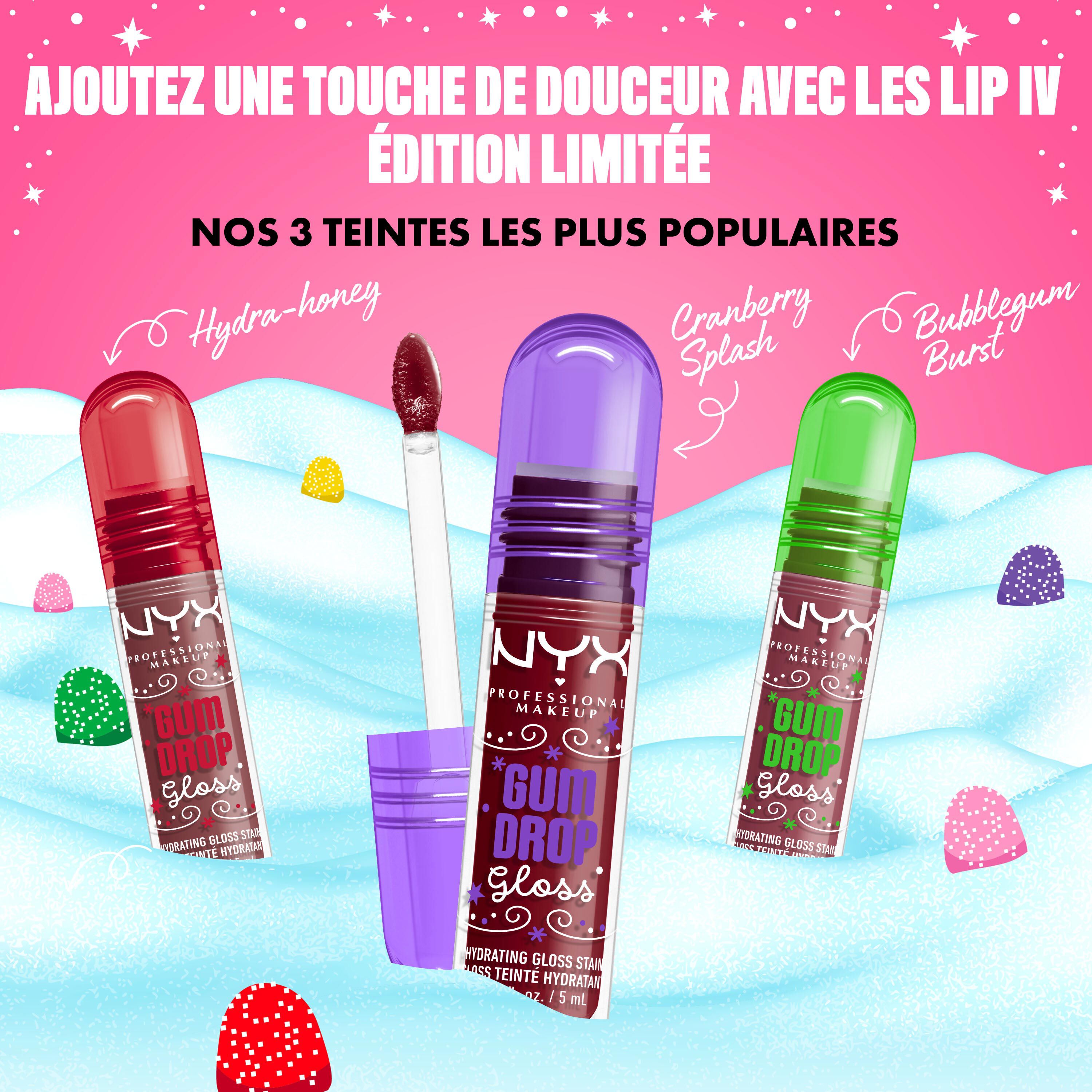 Display of all NYX Professional Makeup Gum Drop Lip I.V. three gloss shades standing upright with gum drop visuals and tagline promoting lip-soakin’ shine.