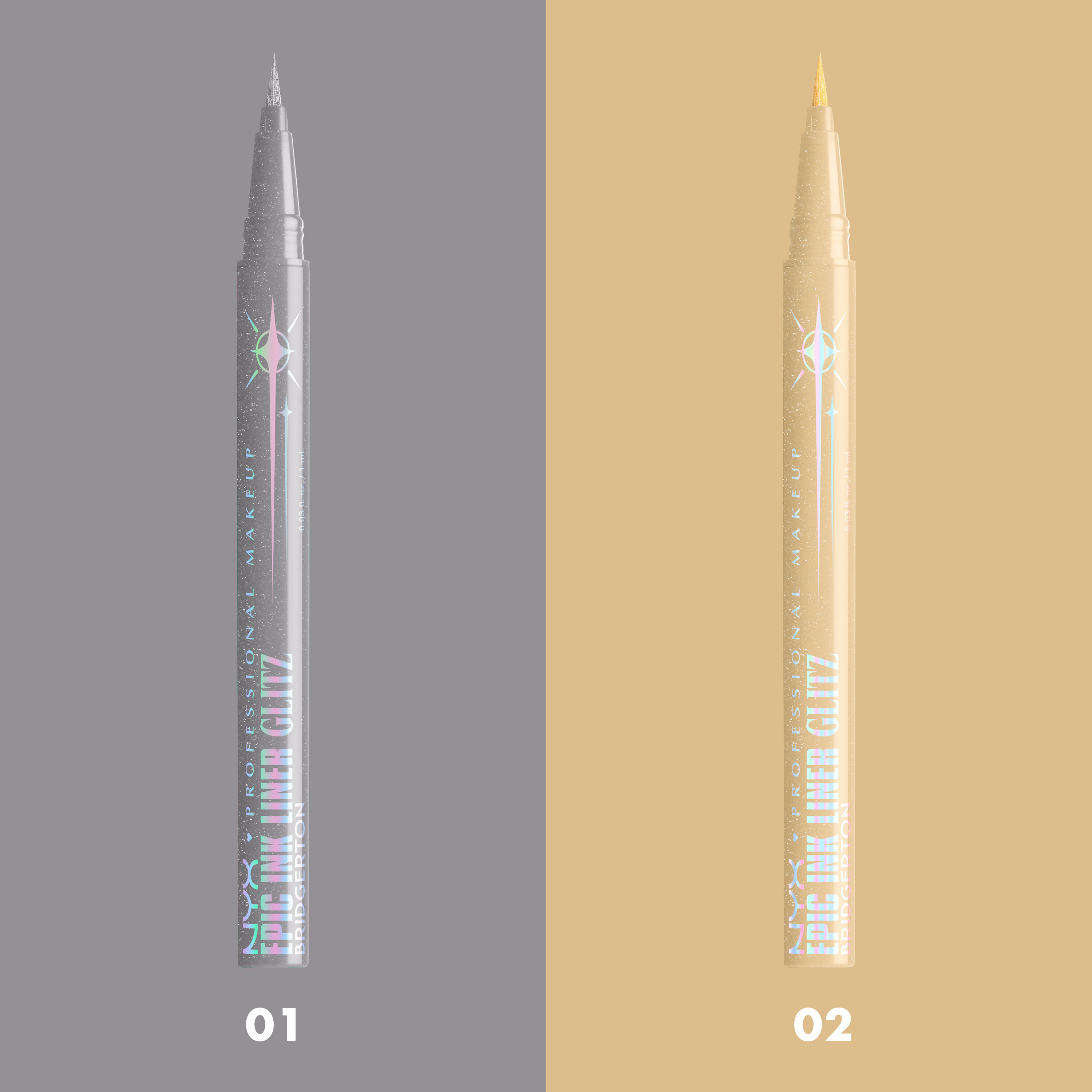 Two eyeliner pens from the same range, displayed side-by-side against a split background of gray and gold. One pen is silvery-gray, labeled '01', and the other is gold, labeled '02'.