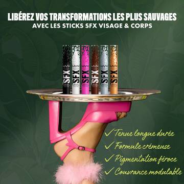 NYX Professional Makeup Party Animals SFX Face & Body Paint Sticks displayed on a tray held by a model wearing pink gloves.
