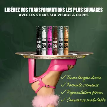 NYX Professional Makeup Party Animals SFX Face & Body Paint Sticks displayed on a tray held by a model wearing pink gloves.