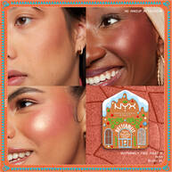 Presents a grid of four close-up images of models wearing the blush/highlighter, along with an image of the "Buttermelt Face Palette" in shade 02 Deep