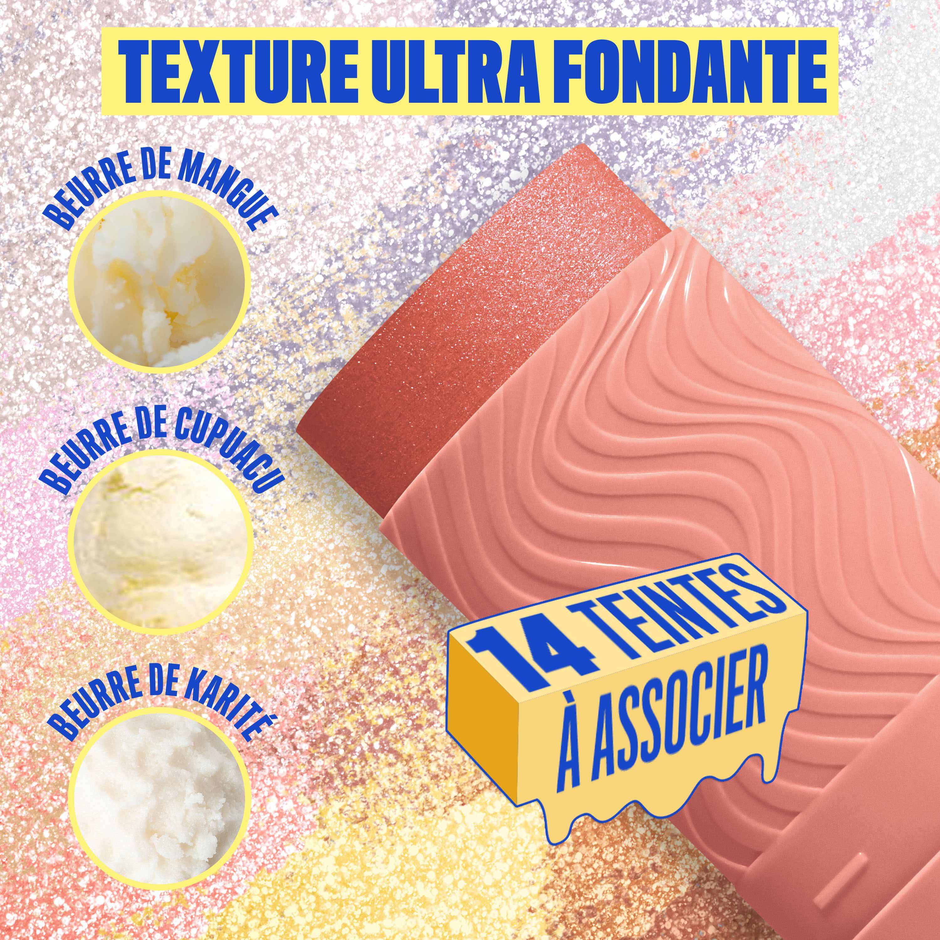 Buttermelt Stix product shown with various swatch textures as the background focusing on the coconut butter and cupuacu butter ingredients in shade 09 Melt Down