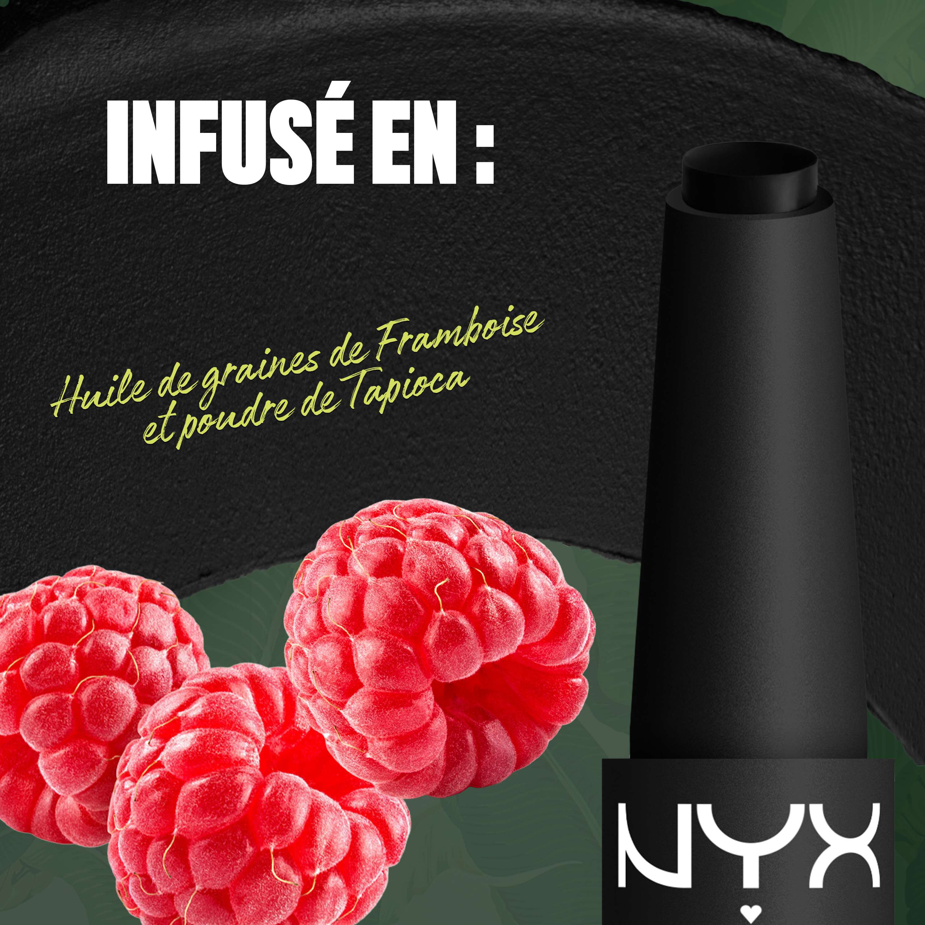 NYX Professional Makeup Party Animals Fat Matte Smooth Color Lipstick in Fatal Pout beside raspberries, representing the product’s raspberry oil ingredient.