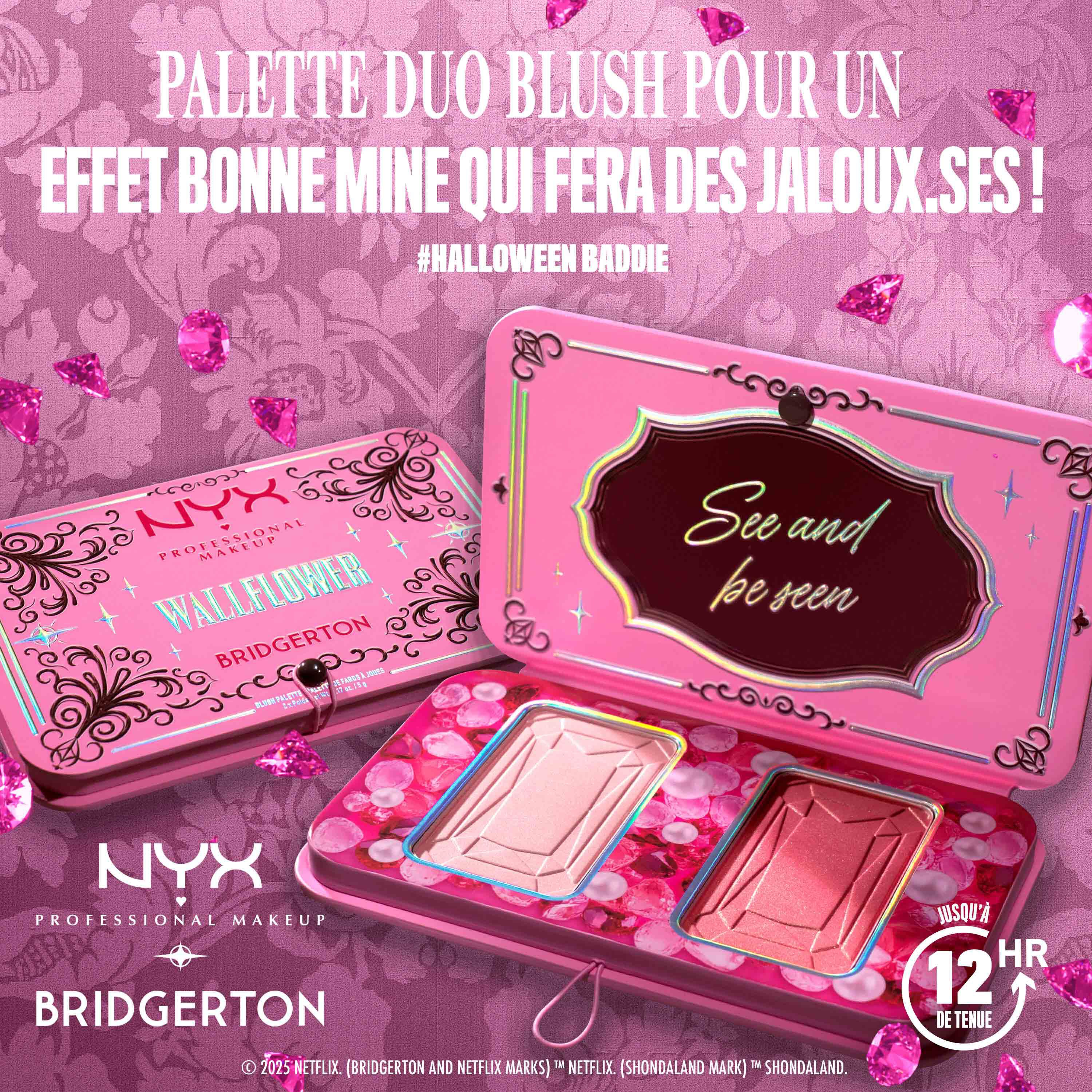 Opened NYX Professional Makeup Bridgerton Blush Duo showing two blush pans. Text highlights "Velvety Blush Duos for a Regal, Long-Lasting Flushed Glow," plus "Fade & Transfer Resistant" and "12HR" wear in shade 01 Wallflower