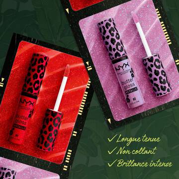 NYX Professional Makeup Party Animals Butter Gloss Bling Metallic in shade 01 Blood Moon, red glitter gloss shown with long-lasting, non-sticky and high-shine benefits.