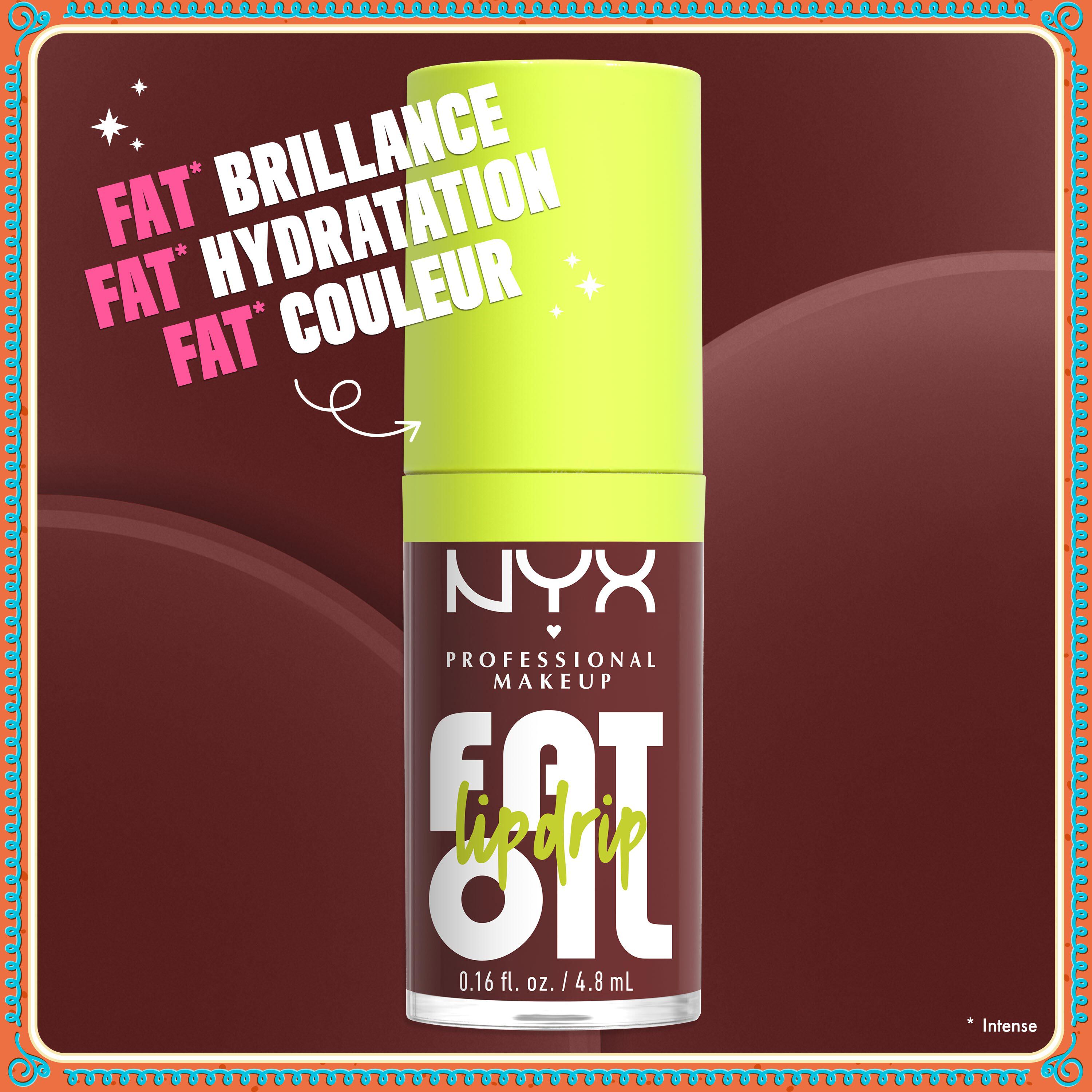 Shows a close-up of a single tube of NYX Fat Oil lip gloss. Text around it highlights its primary benefits: "FAT SHINE," "FAT 12H HYDRATION," and "FAT PROTECTION." The tube has a neon green cap.