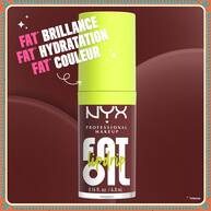 Shows a close-up of a single tube of NYX Fat Oil lip gloss. Text around it highlights its primary benefits: "FAT SHINE," "FAT 12H HYDRATION," and "FAT PROTECTION." The tube has a neon green cap.
