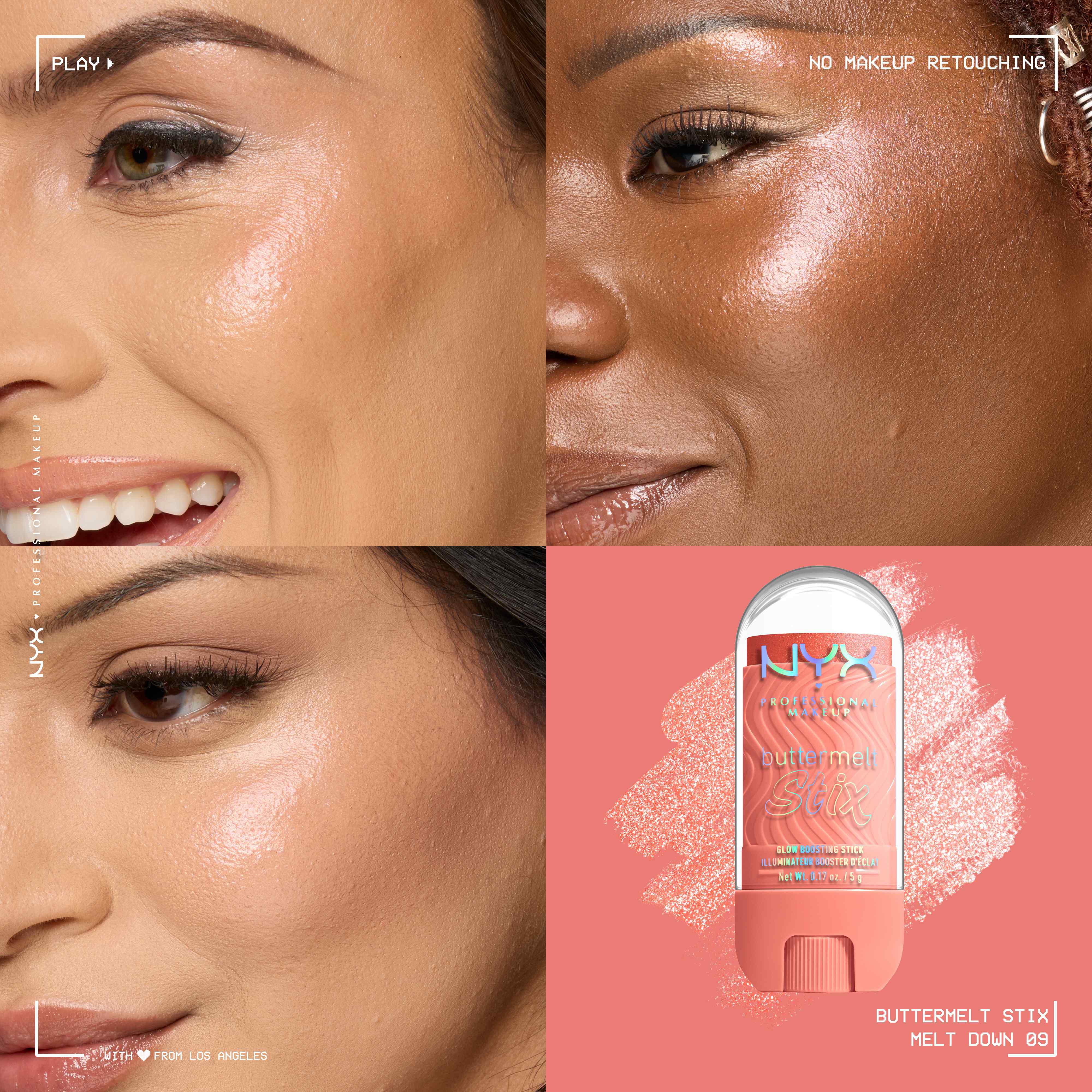 Quadrant showing Jelly Job lip macros on three models of fair, deep, medium skin tones and the product solider with swatch behind the hex code color in shade 09 Melt Down