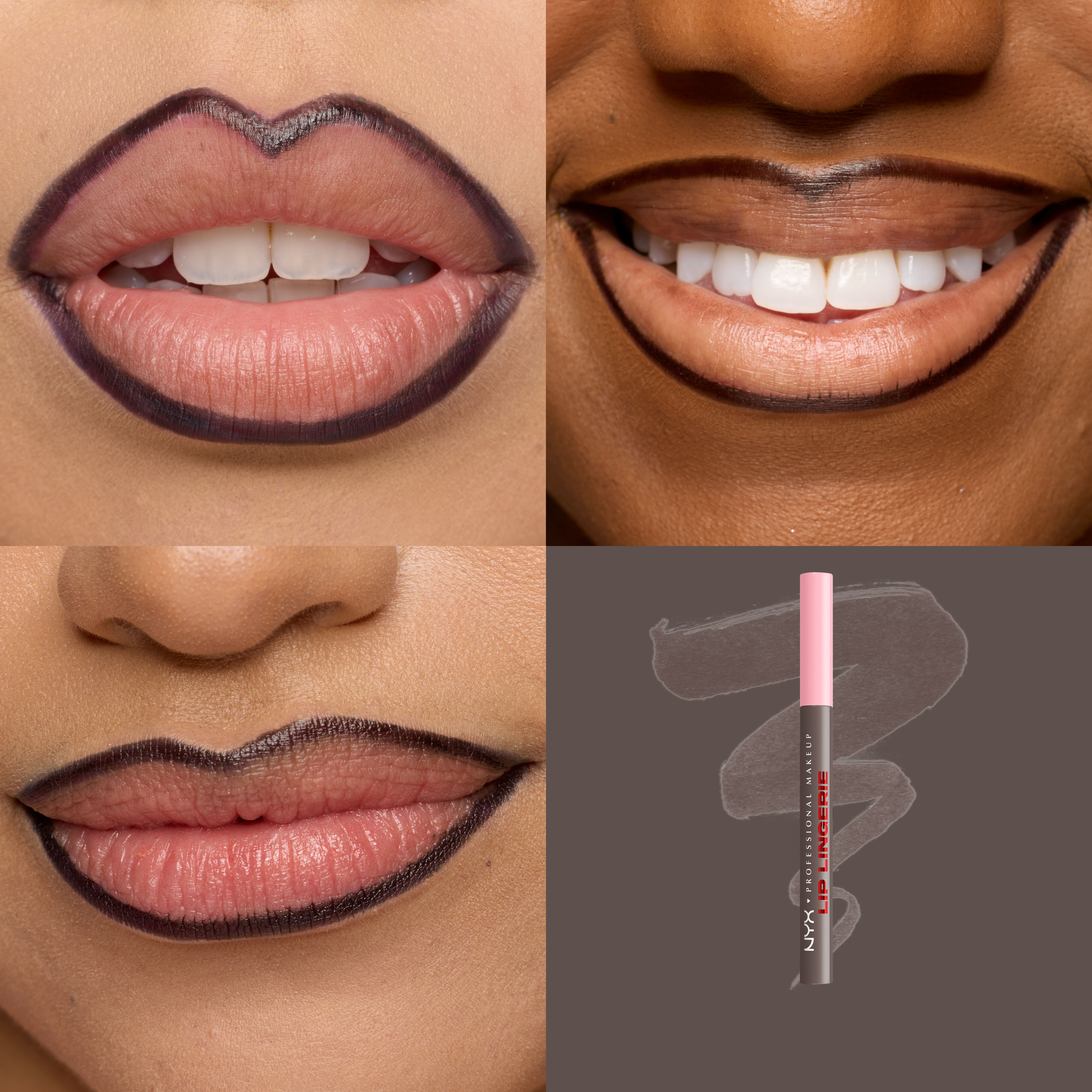 Quadrant showing Lip Lingerie Lip Liner Stain on three models of fair, deep, medium skin tones and the product solider with swatch behind the hex code color in shade 12 Wild Side