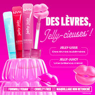 Bold pink NYX promotional image with jelly-themed graphics. Three tubes of Jelly gloss are displayed with a large pink jelly mold. Text reads: "No filler, just jelly! Jelly smooth lip smoothing shine. Jelly juicy full-bodied volume." Bottom row includes icons for vegan formulas, cruelty-free, and no makeup retouching.