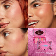 Grid of four close-ups: models with varied skin tones wearing NYX Professional Makeup Bridgerton Blush Duo, showing shades on skin. Opened blush palette shown below in shade 01 Wallflower