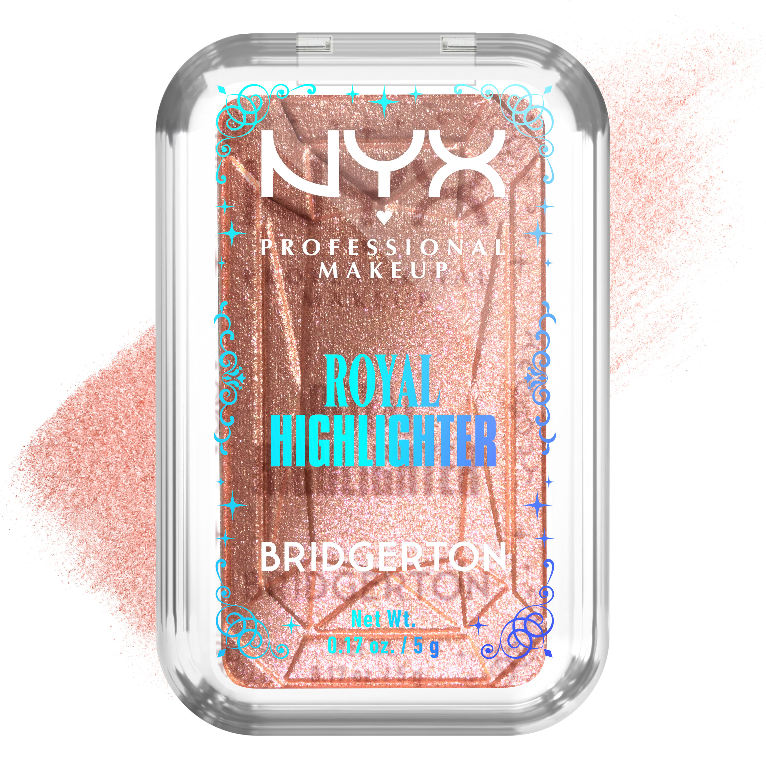 NYX Professional Makeup Bridgerton Royal Highlighter compact: ornate gold square with branding, open to reveal golden highlighter. Subtle swatch in shade 01 Iridescent Peach