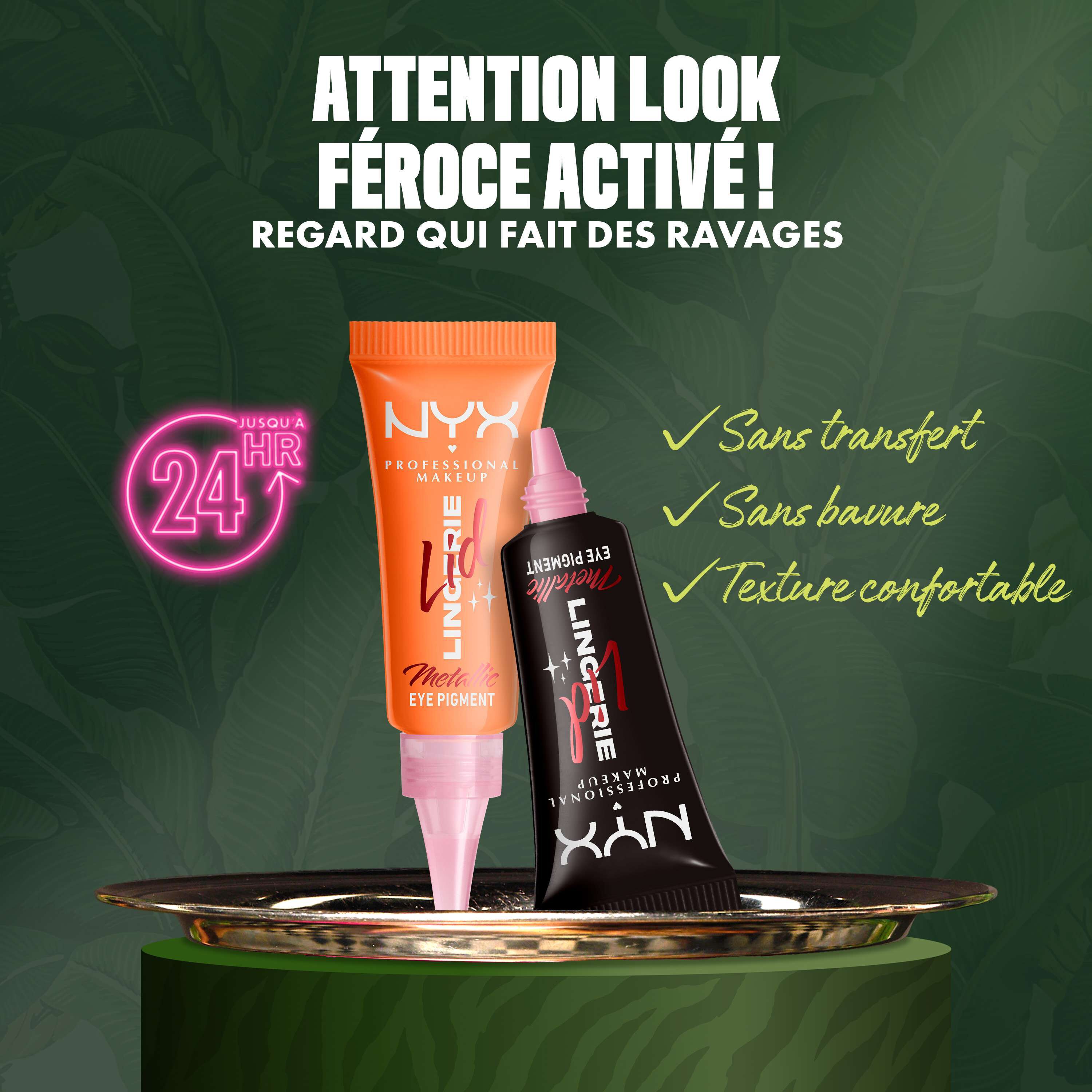 NYX Professional Makeup Party Animals Lid Lingerie Cream Eye Pigments displayed on a tray, highlighting transfer-proof, smudge-proof and lightweight wear.