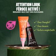 NYX Professional Makeup Party Animals Lid Lingerie Cream Eye Pigments displayed on a tray, highlighting transfer-proof, smudge-proof and lightweight wear.