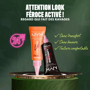 NYX Professional Makeup Party Animals Lid Lingerie Cream Eye Pigments displayed on a tray, highlighting transfer-proof, smudge-proof and lightweight wear.