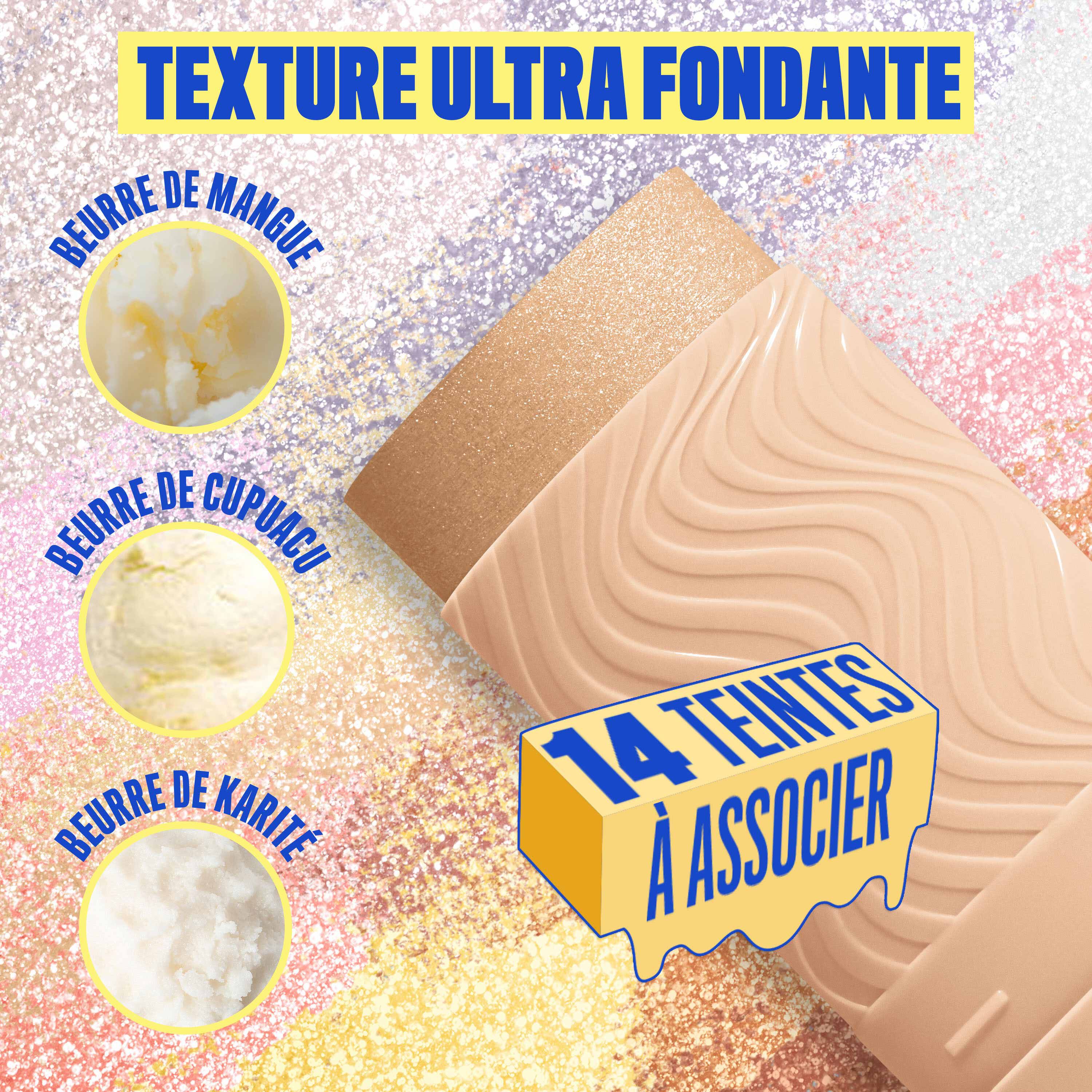Buttermelt Stix product shown with various swatch textures as the background focusing on the coconut butter and cupuacu butter ingredients in shade 06 A Whole Melt