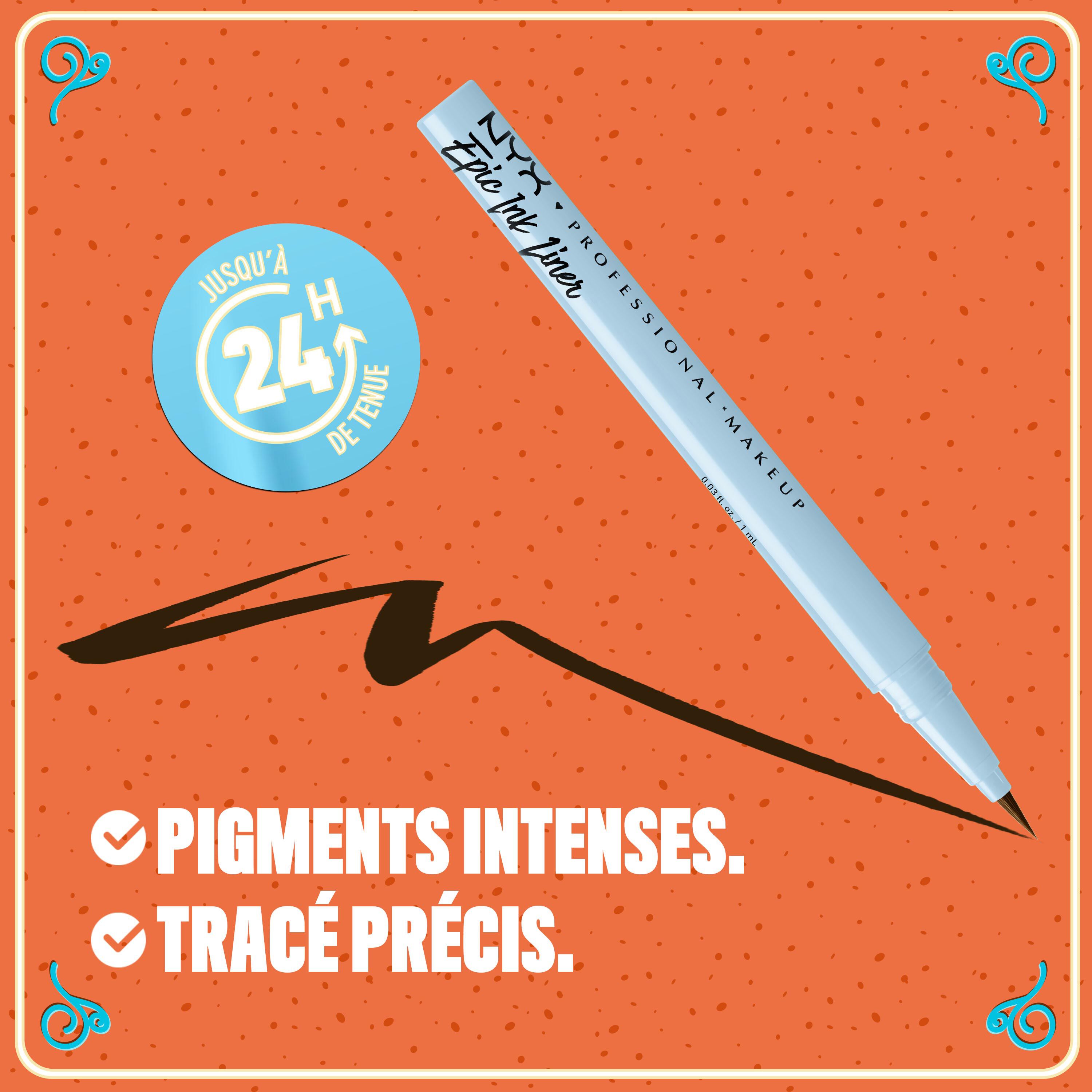 Graphic with tagline: “Bold pigments. Sweet precision.” featuring NYX Professional Makeup Holiday Candy Swirl Liner on orange background in shade 02 Milk Chocolate