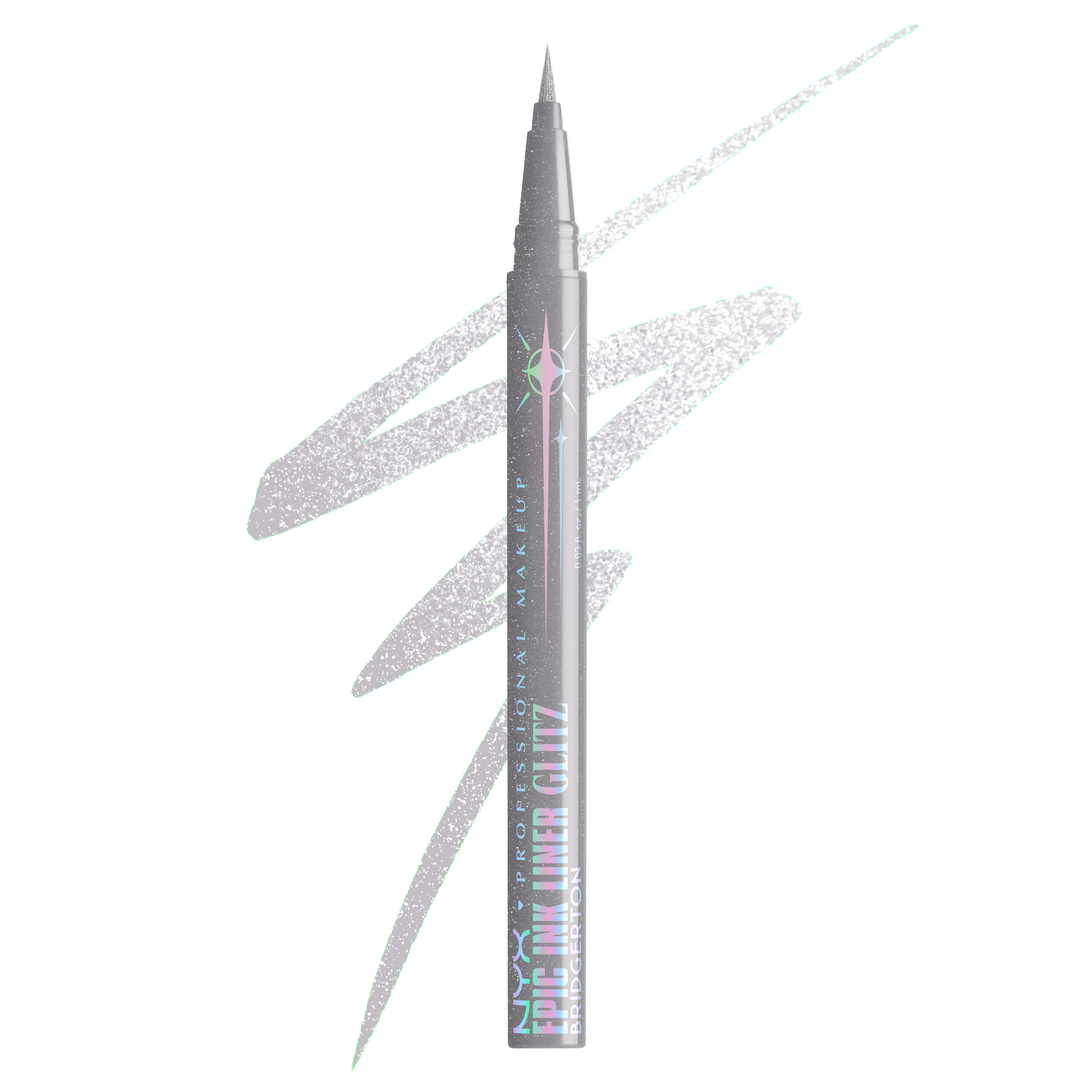 A silver-colored eyeliner pen positioned diagonally against a white background, accompanied by a matching textured swatch of the product of NYX Professional Makeup x Bridgerton Royal Epic Ink Liner Glitz in shade 01 Glitzed In Silver