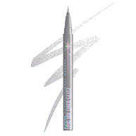 A silver-colored eyeliner pen positioned diagonally against a white background, accompanied by a matching textured swatch of the product of NYX Professional Makeup x Bridgerton Royal Epic Ink Liner Glitz in shade 01 Glitzed In Silver