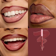 Quadrant showing Lip Lingerie Lip Liner Stain on three models of fair, deep, medium skin tones and the product solider with swatch behind the hex code color in shade 10 Up All Night