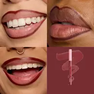 Quadrant showing Lip Lingerie Lip Liner Stain on three models of fair, deep, medium skin tones and the product solider with swatch behind the hex code color in shade 10 Up All Night