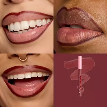 Quadrant showing Lip Lingerie Lip Liner Stain on three models of fair, deep, medium skin tones and the product solider with swatch behind the hex code color in shade 10 Up All Night