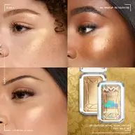 Grid of four close-ups of models wearing NYX Professional Makeup Bridgerton Royal Highlighter on cheekbones, showing glow on diverse skin tones. Includes small image of open compact in 02 Light Gold