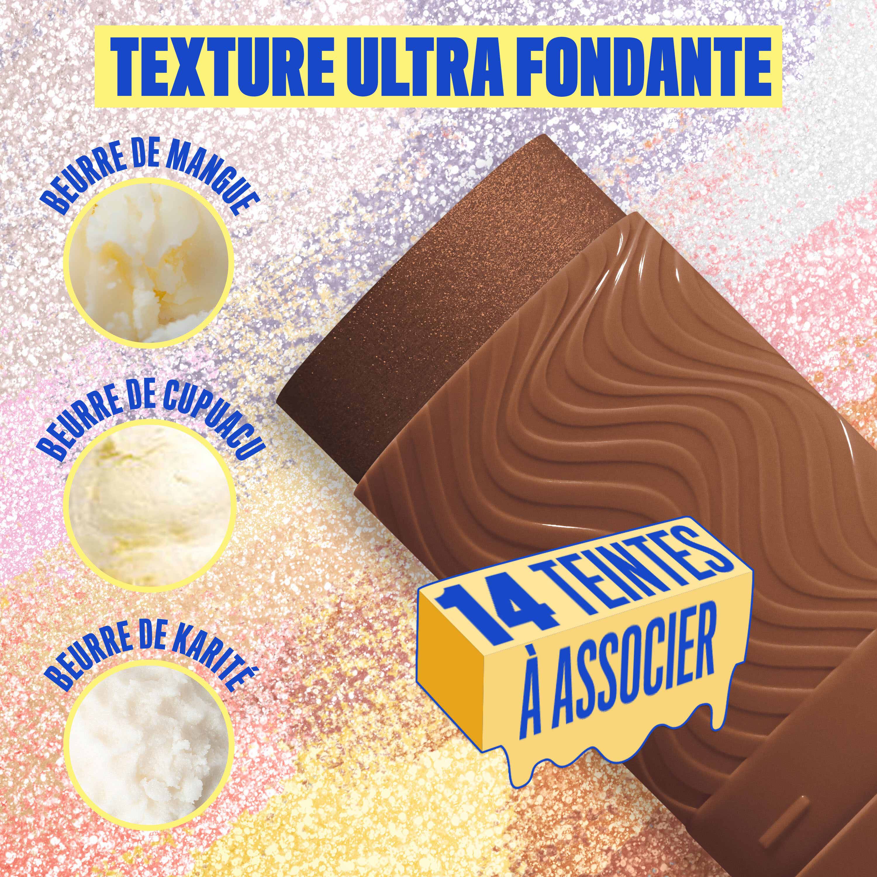 Buttermelt Stix product shown with various swatch textures as the background focusing on the coconut butter and cupuacu butter ingredients in shade 14 Melt To Be
